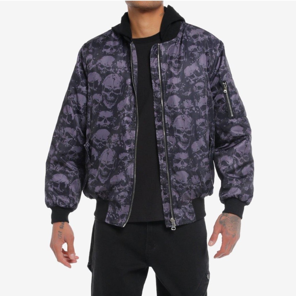 Unisex Skull Allover‎ Hooded Bomber Jacket Hot Topic